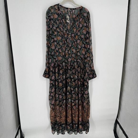 Free People dress womens medium M peasant prairie maxi dark floral sheer slip - Picture 1 of 5